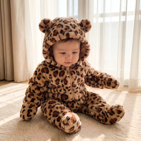 Newborn Hospital Set Search by image 0          Cozy Baby Leopard Print Romper Hooded Bear Ear Fleece Jumpsuit Warm Winter Outfit For Newborn Boys And Girls